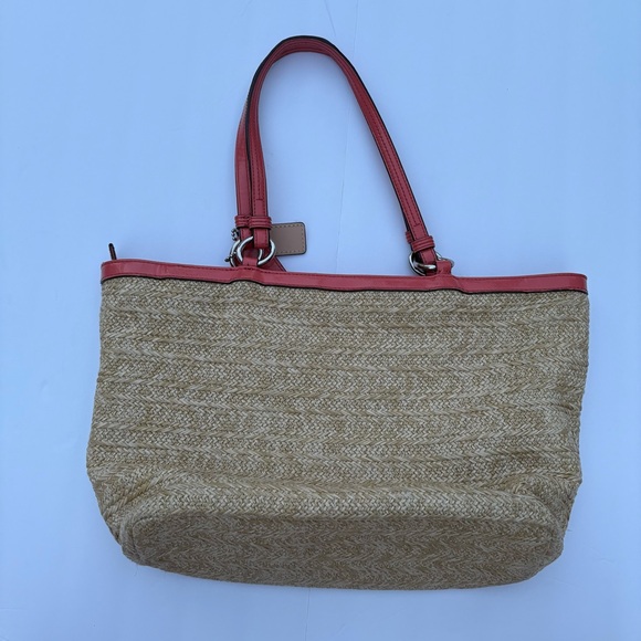 Coach Straw Floral Applique Tote Peach Patent Trim Handbag F29861 Boho Y2K - Picture 4 of 11